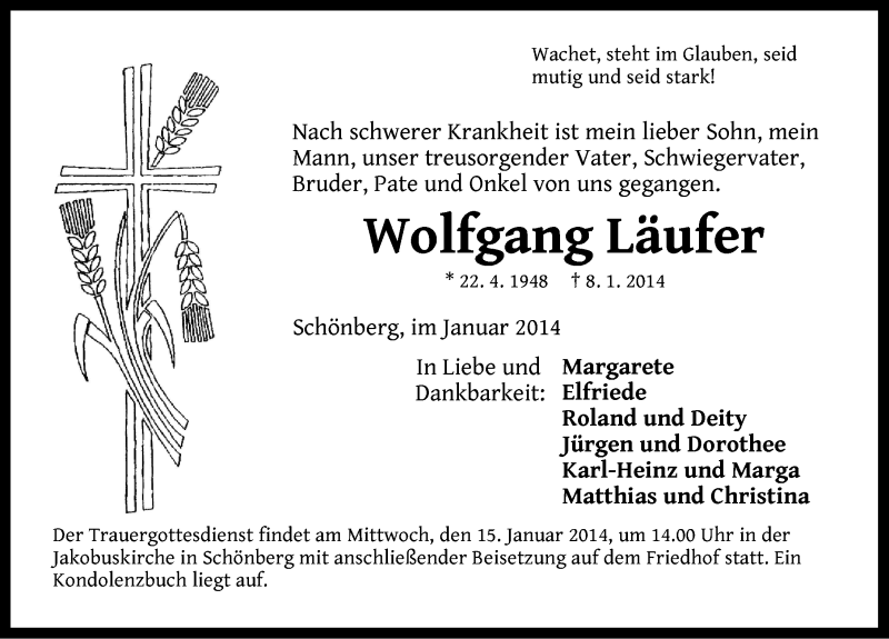  Traueranzeige für Wolfgang Läufer vom 11.01.2014 aus Pegnitz-Zeitung